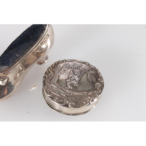 437 - Hallmarked silver shoe form pin cushion, Birmingham 1990, together with a modern hallmarked silver p... 