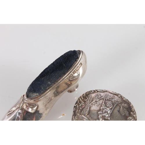 437 - Hallmarked silver shoe form pin cushion, Birmingham 1990, together with a modern hallmarked silver p... 