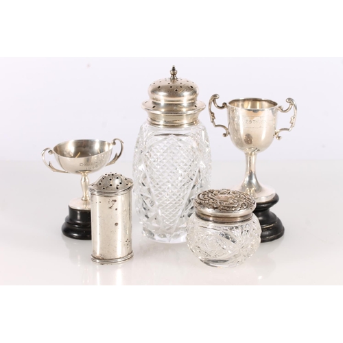 439 - Hallmarked silver incl. small trophies, silver and glass jars, pepperette etc., silver weight 113g.