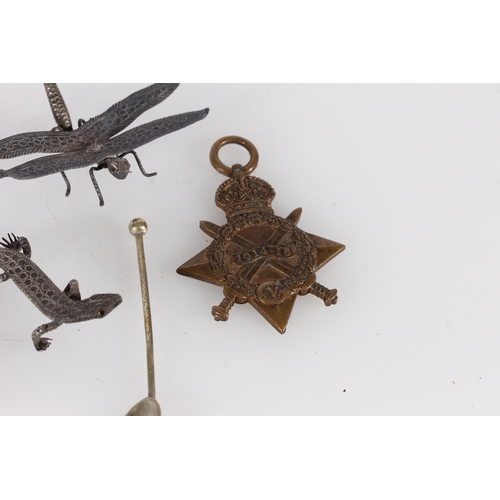 443 - Miniature white metal animal figurines together with a WWI 1914-1915 star, awarded 18322 Pte. W. Tim... 