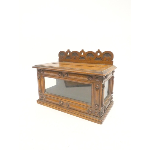 340 - Victorian oak gothic revival letter box with scrolled and pierced gallery top and glass panel sides ... 