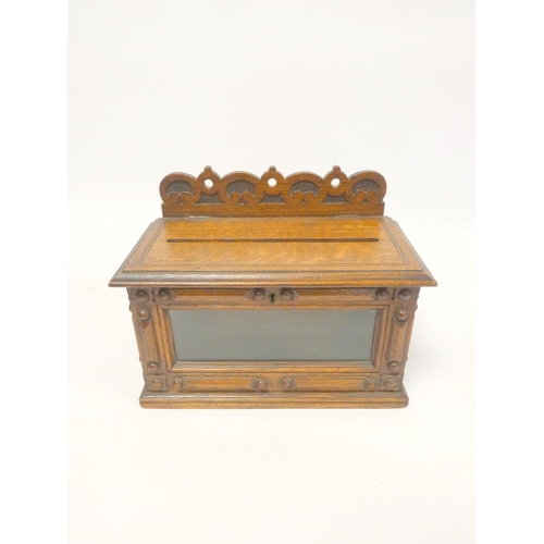 340 - Victorian oak gothic revival letter box with scrolled and pierced gallery top and glass panel sides ... 