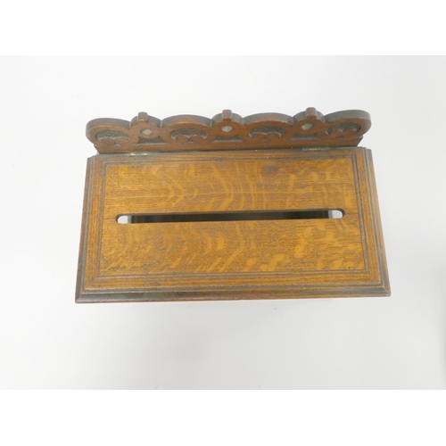 340 - Victorian oak gothic revival letter box with scrolled and pierced gallery top and glass panel sides ... 