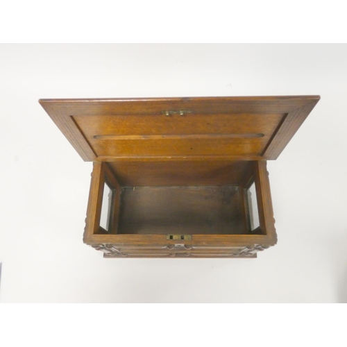 340 - Victorian oak gothic revival letter box with scrolled and pierced gallery top and glass panel sides ... 