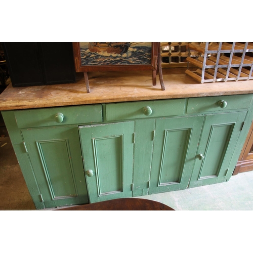 451 - Vintage country house style pine sideboard, green painted body having three frieze drawers above fou... 