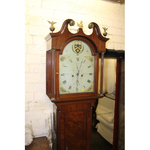 456 - W Watters of Pathhead longcase clock, painted face bares crest and mahogany cased decorated with Sco... 