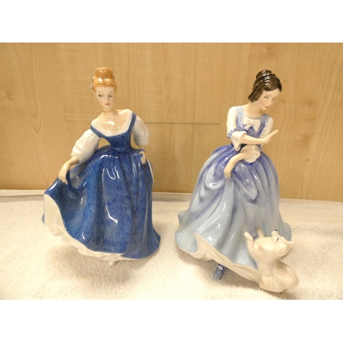 241 - Four Royal Doulton figures, Lorraine HN3118, Royal Doulton Kay HN3340, Elaine HN3337 and Happy Birth... 