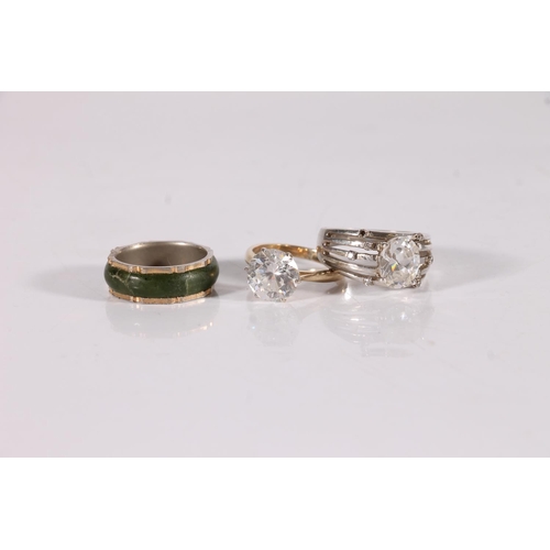 434 - 9ct gold ring set with large CZ stone, together with a silver and white stone ring and base metal gr... 