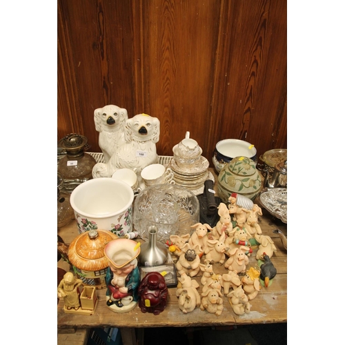 100 - Pair of Staffordshire Wally dogs (no eyes), along with Piggin' models, other ceramics, etc.