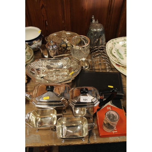 101 - Art Deco four piece silver-plated teaset and other silver-plate and glassware.