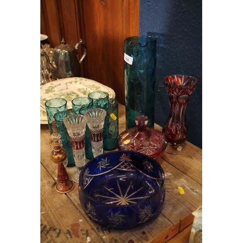 103 - Glassware to include a blue glass lemonade set, a Bohemian cut to clear vase