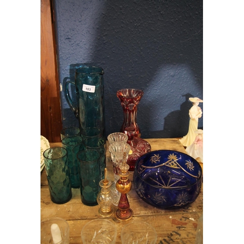 103 - Glassware to include a blue glass lemonade set, a Bohemian cut to clear vase
