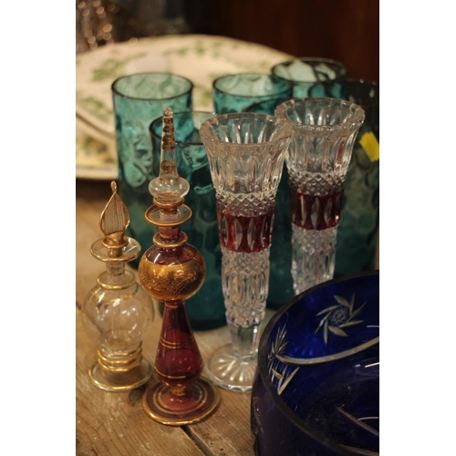 103 - Glassware to include a blue glass lemonade set, a Bohemian cut to clear vase