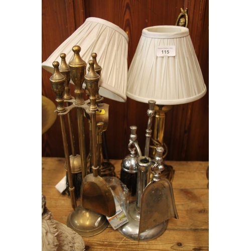 115 - Pair of table lamps and a fireside companion set.