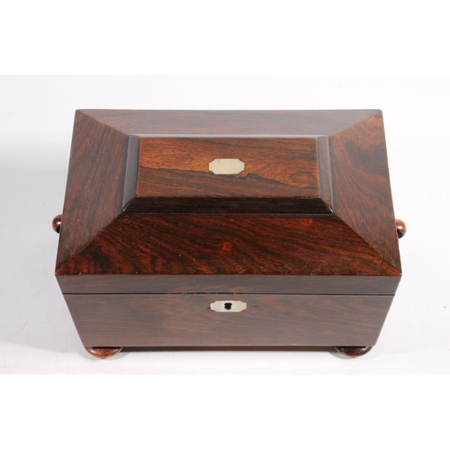 13 - Antique rosewood tea caddy converted to a jewellery box of sarcophagus form with ring handles, raise... 