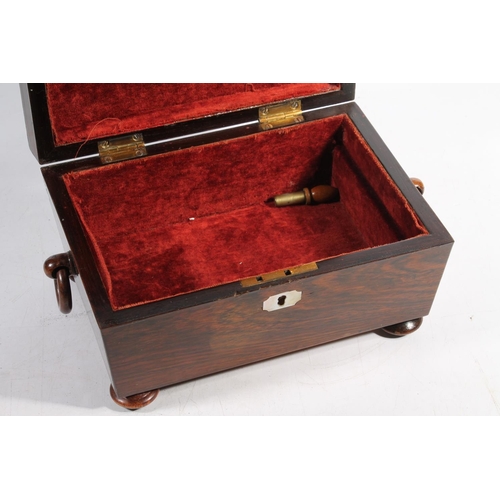 13 - Antique rosewood tea caddy converted to a jewellery box of sarcophagus form with ring handles, raise... 