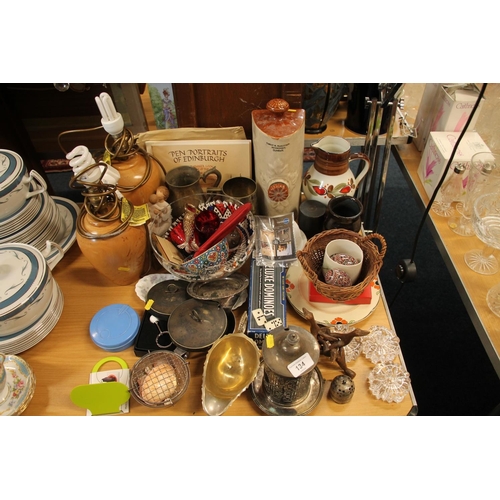 134 - Silver-plated candle holder, a stoneware bed warmer, a pair of turned treen lamps, etc.