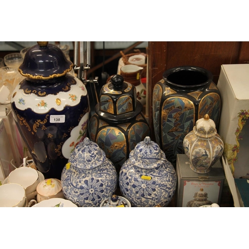 138 - Pair of blue and white pottery urn vases, a large floral decorated vase, and other decorative potter... 