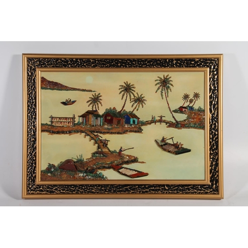 140 - Oriental lacquered and stone set picture, 55cm wide.