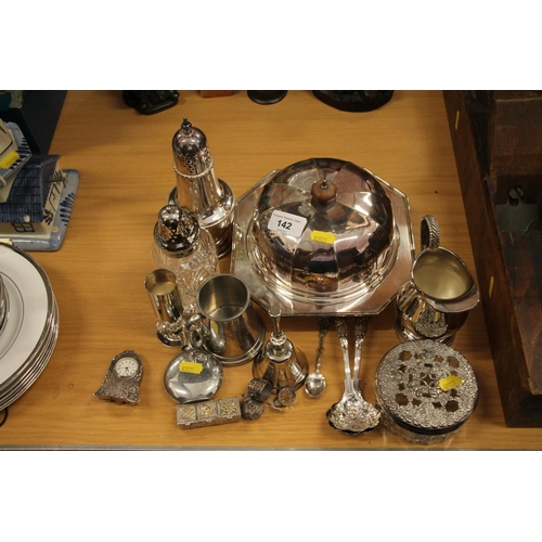 142 - Silver-plate to include a miniature clock, a sugar castor, etc.