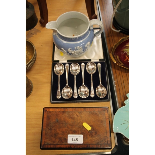 145 - 19th century walnut box, a Staffordshire pearlware jug and a set of silver-plated spoons.