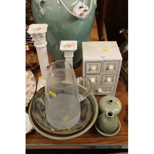 147 - Two white glazed column candlesticks, and Caledon green glazed Studio Pottery, a bowl, a glass jug a... 