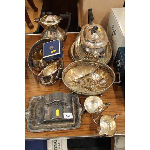 149 - Silver-plated teapot and coffee pot, and other silver-plate.