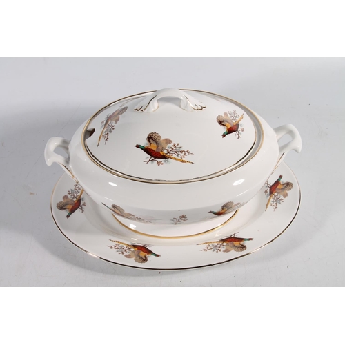 153 - Staffordshire bone china tureen and stand decorated with pheasants.