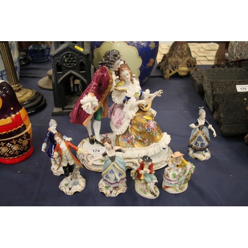 174 - German Volkstedt Dresden lace style figurine and a small group of similar Volkstedt figurines.