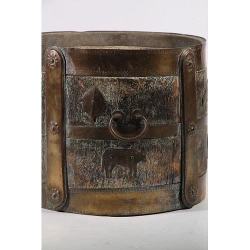 176 - Indian wood and brass bucket decorated with Indian animals such as elephants, turtles, etc.