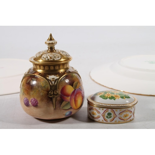 236 - Royal Worcester fruit decorated pot pourri, a Staffordshire painted fruit plate, another fruit plate... 