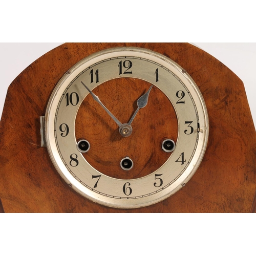 29 - Smiths style Art Deco walnut cased chiming mantel clock, 30cm wide.