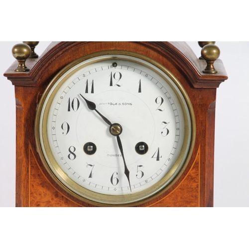 30 - Whytock & Sons of Dundee birdseye maple veneered arch top mantel clock, 24cm high.