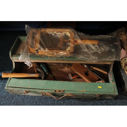 316 - Vintage toolbox with tools and two vintage tennis rackets.