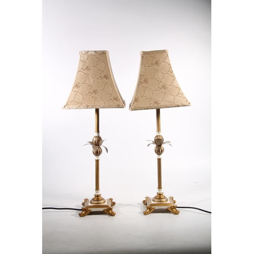 80 - Pair of gilt painted pineapple table lamps, 64cm to top of shade.