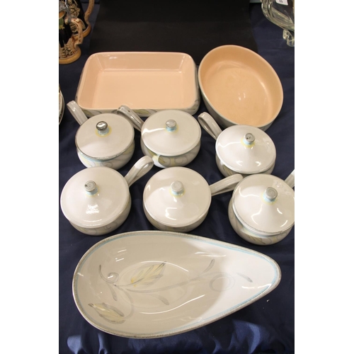 88 - Denby Peasant Ware soup bowls with lids, a celery dish, serving dishes, etc.