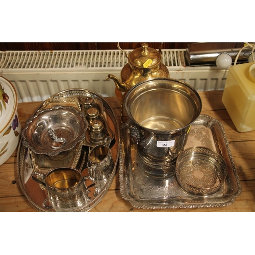 93 - Silver-plate and brass ware to include galleried trays,  sugar and milk, etc.