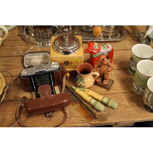 94 - Scandinavian coffee grinder, a vintage folding camera, ceramics, etc.