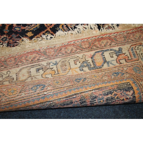 333 - Caucasian runner with geometric borders and blue ground centre, 293cm x 105cm.