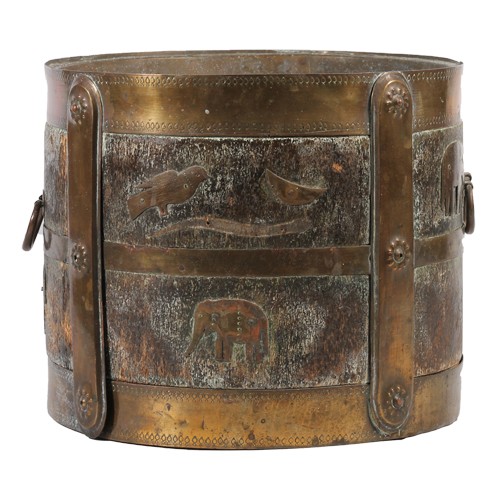 Indian wood and brass bucket decorated with Indian animals such as elephants, turtles, etc.