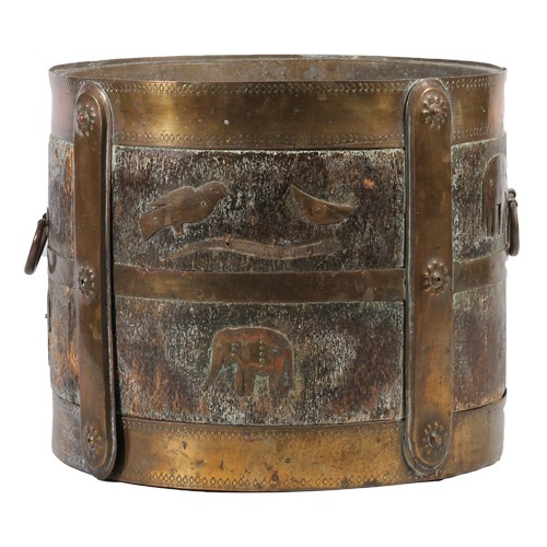 176 - Indian wood and brass bucket decorated with Indian animals such as elephants, turtles, etc.