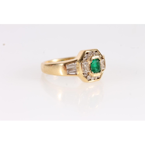 100 - 18ct gold emerald and diamond ring, the emerald cut centre stone in an octagonal halo of round and t... 