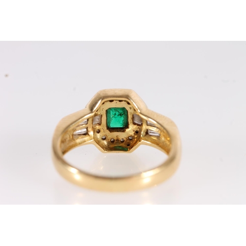 100 - 18ct gold emerald and diamond ring, the emerald cut centre stone in an octagonal halo of round and t... 