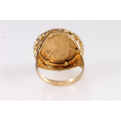 108 - QV 1872 gold sovereign loose set as a ring, the bun head sovereign set within textured 9ct gold shan... 