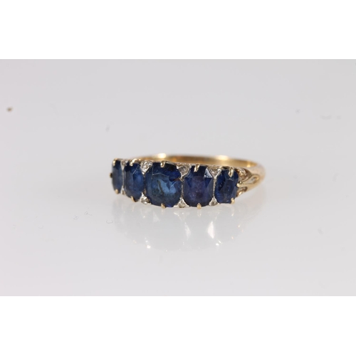 109 - Victorian five stone sapphire ring, the graduating cushion cut sapphires interspersed with diamond c... 
