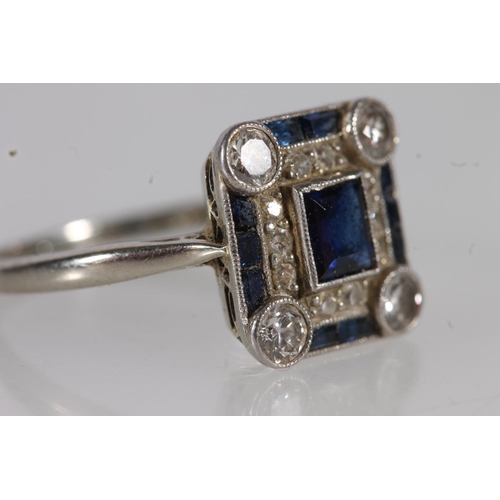 118 - Art Deco 18ct white gold sapphire and diamond ring, the central square cut sapphire flanked by round... 