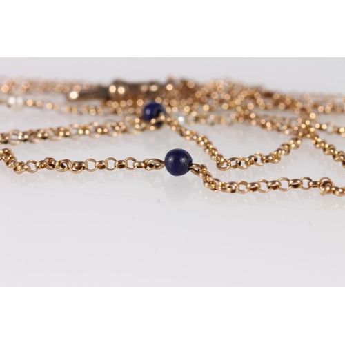 128 - Early 20thC 9ct gold rope chain necklace, the links interspersed with small pearls and blue stones, ... 