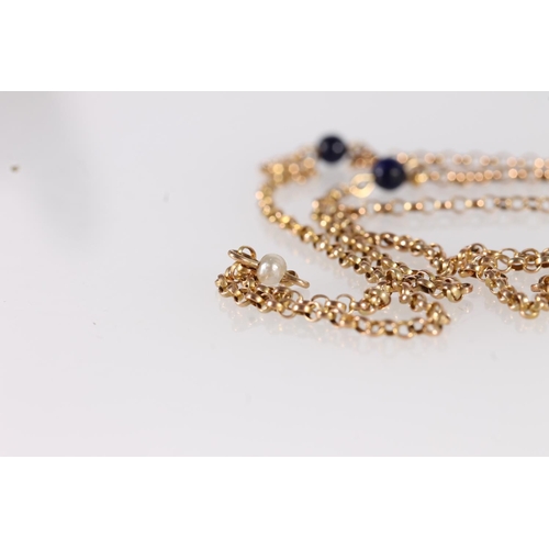 128 - Early 20thC 9ct gold rope chain necklace, the links interspersed with small pearls and blue stones, ... 