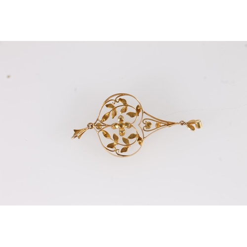 134 - Edwardian 9ct gold Art Nouveau lavaliere pendant, the open work frame set with seed pearls, H5.4cm.