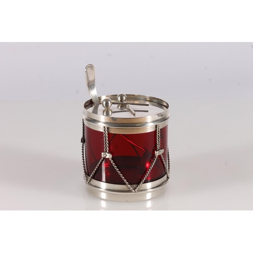 18 - American silver drum preserve pot by R Blackinton & Co, with cranberry glass reservoir and match...